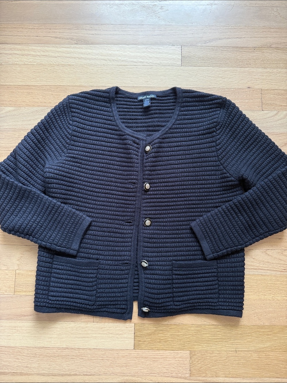 Hillary Radley Medium Black Ribbed Cardigan Sweater Old Money